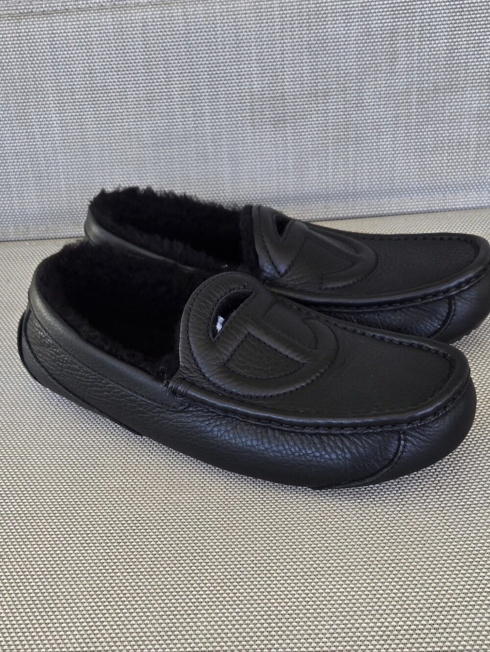 UGG Black Leather Shearling-Lined Slip-On Drivers